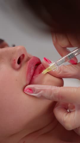 Lip augmentation procedure with filler injection, close-up of cosmetologist performing lip enhancement.