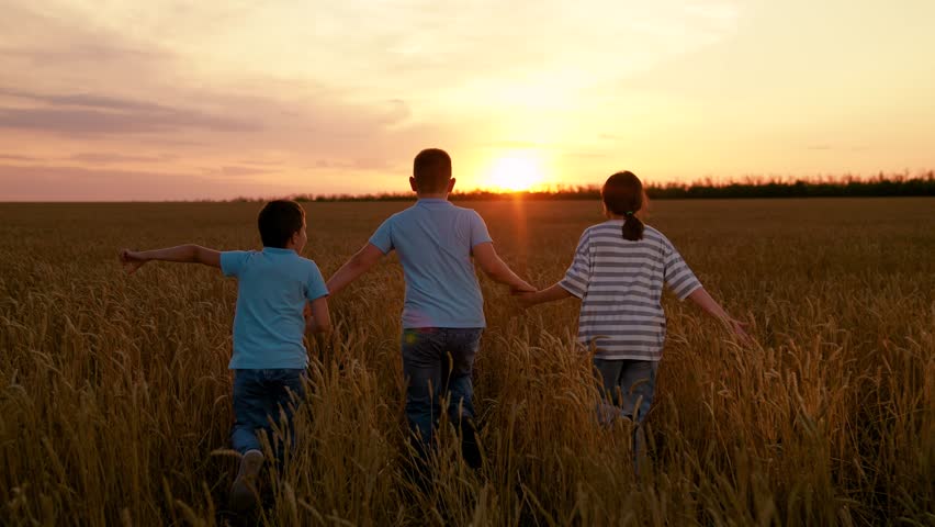 Happy carefree kids boy girl run across field holding hands. Kids run through wheat field. Kids freedom, friends fun joy. Children brother sister boy girl playing runs through wheat field at sunset