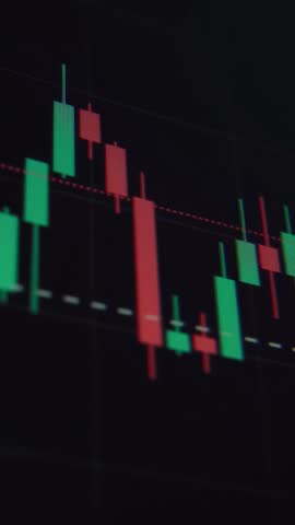Close up of stock and cryptocurrency market chart on a trading screen, showing red and green candlesticks fluctuation. Vertical video