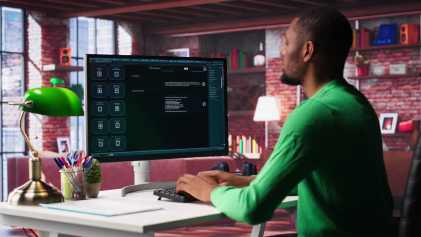 Remote worker uses conversational AI bot to help solve daily tasks, chatting with machine learning powered chatbot to generate data responses. Efficiency with AI assistant tool. Camera A.