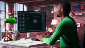 Remote worker uses conversational AI bot to help solve daily tasks, chatting with machine learning powered chatbot to generate data responses. Efficiency with AI assistant tool. Camera A. - Powered by Shutterstock - Get 15% off with code: PIKWIZARD15