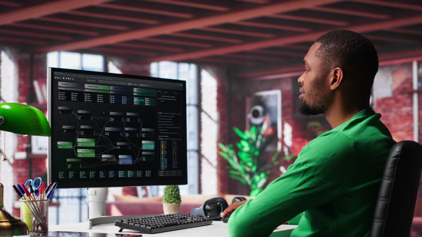 African american man looks at notes on terminal window for visual programming, typing code on software at his home office. Coding application UI used by engineer writing and testing code. Camera A.