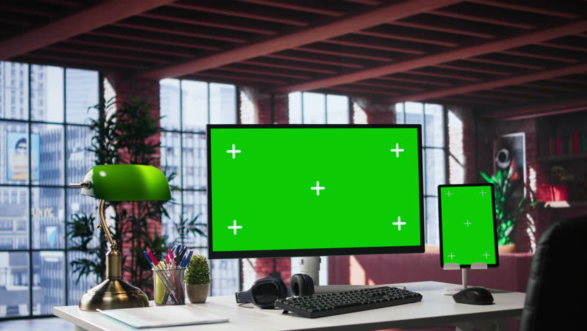 Isolated screen with chroma key in glamorous urban home office. Bright open workspace combines refined luxury with organized comfort, offering a tasteful backdrop for professional work.