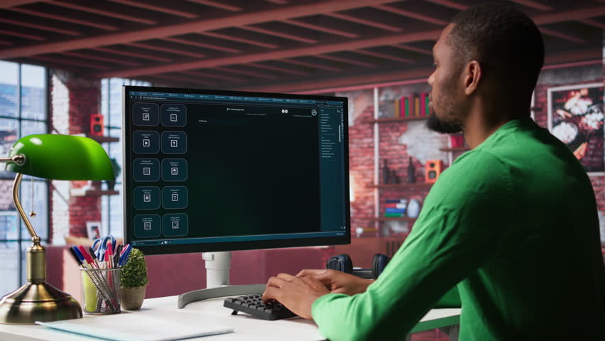 African american guy uses artificial intelligence chatbot trained to understand and generate information, data prompt for virtual generative technology. User talks with AI powered chat. Camera B.