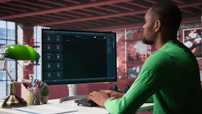 African american guy uses artificial intelligence chatbot trained to understand and generate information, data prompt for virtual generative technology. User talks with AI powered chat. Camera B. - Powered by Shutterstock - Get 15% off with code: PIKWIZARD15