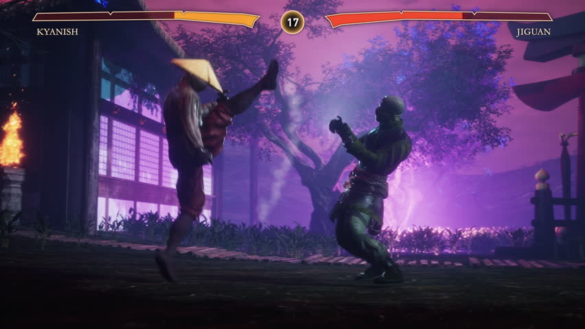 Animation of the virtual fighters vs each other in a combat video game. Gameplay displaying the fighter vs enemy in the combat simulator. Fighter vs rival character engaged in combat. kung fu