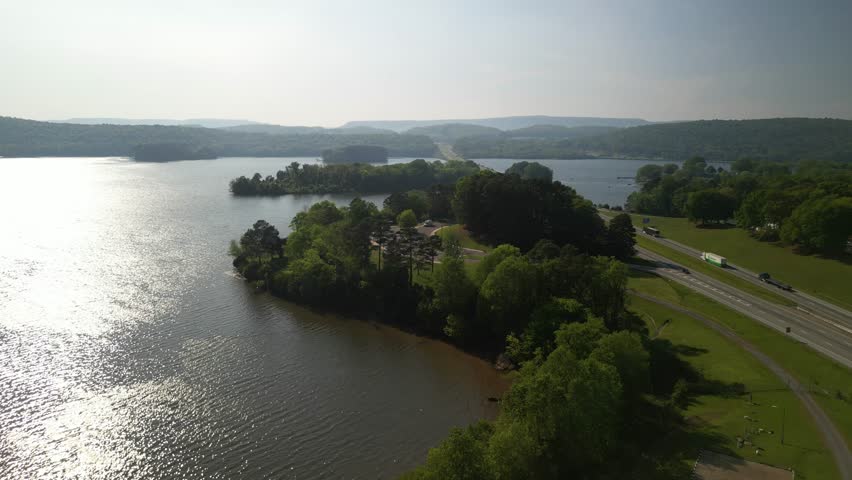 Aerial of Interstate 24 Jasper Rest Area on Tennessee River near Chattanooga