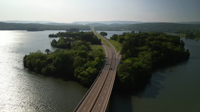 Aerial of island in Tennessee River with rest stop on Interstate 24 near Chattanooga