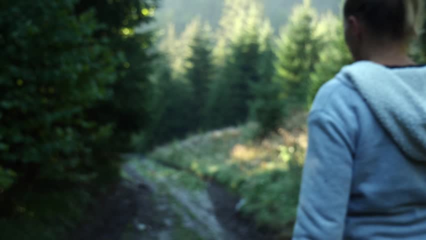 Blurry shot of woman walking and picking mushrooms in the forrest staying with her dog
