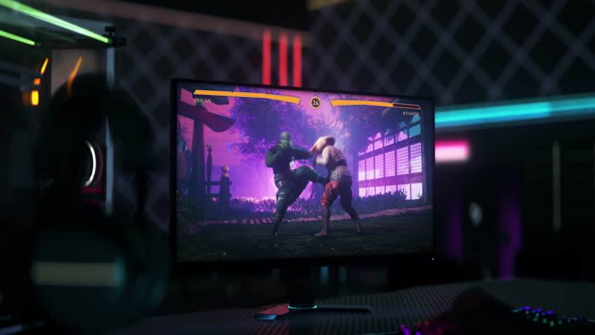 Powerful Warrior Kicks And Punches Opponent To Achieve Victory In Fighting Game. Powerful Martial Arts Kicks. Warriors Battle On Japanese Arena. Karate Kicks. Warrior Strikes Enemy With Power