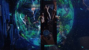 Person holding smartphone recording holographic globe in tech demo, displaying neon network visuals. Futuristic, data visualization, digital display, technology, network, hologram, electronic - Powered by Shutterstock - Get 15% off with code: PIKWIZARD15