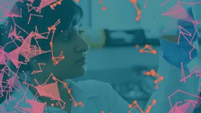 female scientist examining yellow flask in science lab, with pink-orange network nodes overlaying. Researcher, innovation, futuristic, biotechnology, precision, discovery, analytical - Powered by Shutterstock - Get 15% off with code: PIKWIZARD15