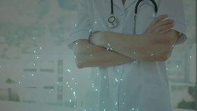 Mature female doctor crossing arms in clinic, displaying holographic DNA helix and countdown timer. Clinical, healthcare, biotechnology, innovation, diagnostic, professional, futuristic - Powered by Shutterstock - Get 15% off with code: PIKWIZARD15