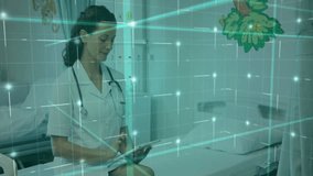 Nurse tapping tablet wearing stethoscope in pediatric ward, showing holographic data grid over beds. Healthcare, technology, pediatric, medical, futuristic, care, innovation - Powered by Shutterstock - Get 15% off with code: PIKWIZARD15