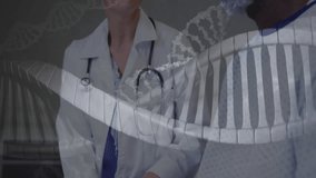 Female doctor guiding male patient during medical consultation showing floating DNA helix animation. Medical, healthcare, science, professionalism, diagnostics, human, technology - Powered by Shutterstock - Get 15% off with code: PIKWIZARD15