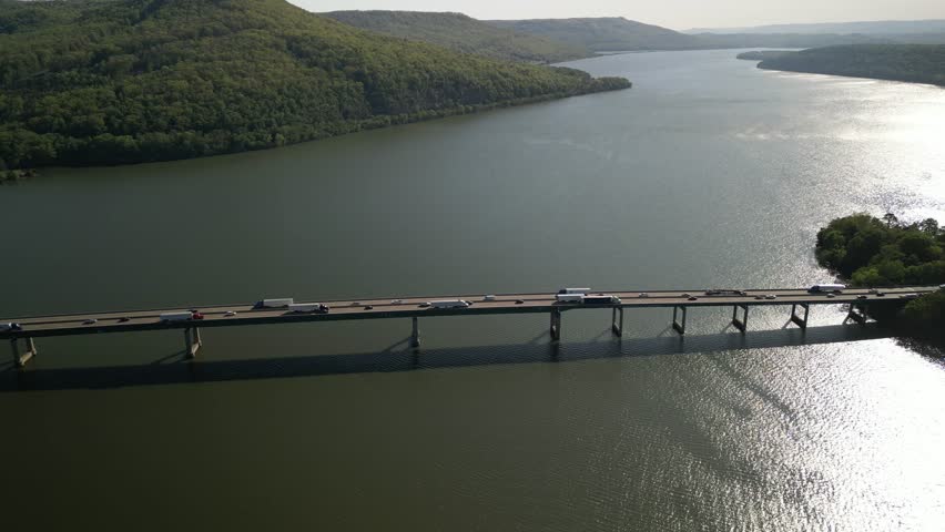 Aerial of traffic on Tennessee River Bridge near Chattanooga Tennessee
