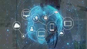 male doctor pointing at holographic globe in healthcare tech lab, displaying network security icons. Digital, healthcare, futuristic, technology, innovation, professional, cybersecurity - Powered by Shutterstock - Get 15% off with code: PIKWIZARD15