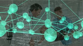 male doctor leaning examining patient, nurse holding tablet with medical molecular network overlay. Clinical, innovation, futuristic, diagnostics, collaboration, technology, healthcare - Powered by Shutterstock - Get 15% off with code: PIKWIZARD15