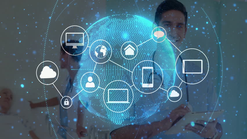 Medical team gathering around hospital bed, displaying holographic health icons like cloud phone. Healthcare, technology, innovation, professionalism, communication, digital, collaboration - Powered by Shutterstock - Get 15% off with code: PIKWIZARD15