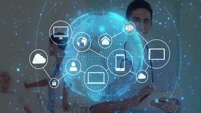 Medical team gathering around hospital bed, displaying holographic health icons like cloud phone. Healthcare, technology, innovation, professionalism, communication, digital, collaboration - Powered by Shutterstock - Get 15% off with code: PIKWIZARD15