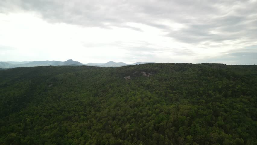 Aerial over North Carolina Pisgah National Forest mountains and valleys in spring