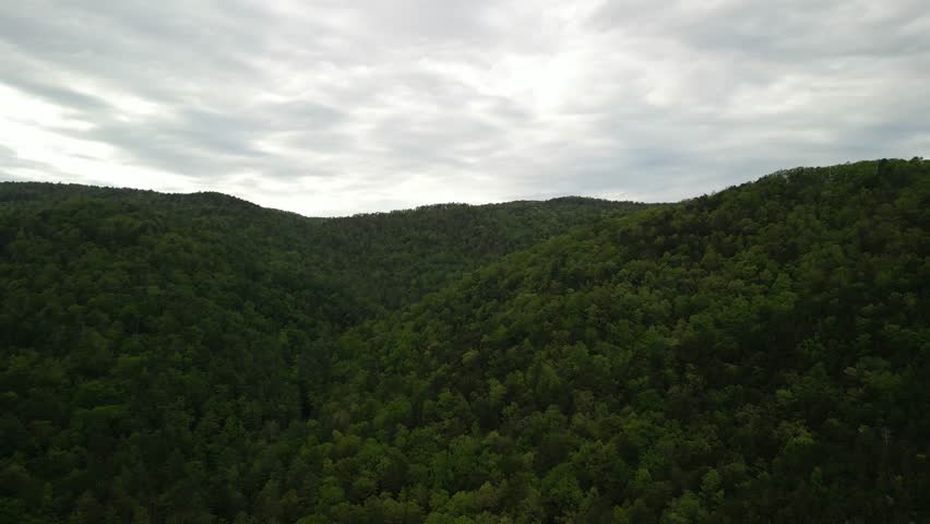 Aerial over Pisgah National Forest mountains and valleys in spring in North Carolina