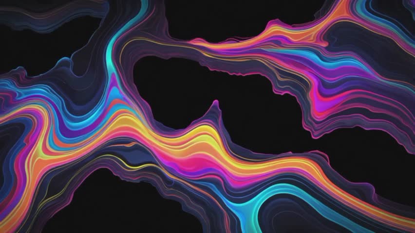 abstract background with colorful marble effect. Waves and swirls of paint in bright colors such as blue, cyan, purple, magenta, orange, and yellow flow and blend into each other on a contrasting blac