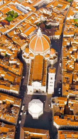 Vertical video. Florence, Italy. Cathedral Santa Maria del Fiore. Panoramic view of the city. Summer. Evening, Aerial View. Rich colors