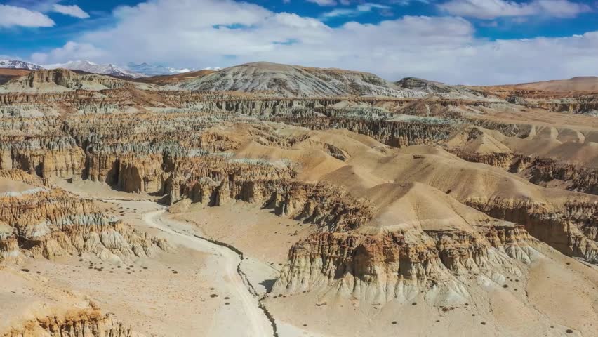 Aerial View of Arid Landscape with Eroded Rock Formations and Winding Riverbed
