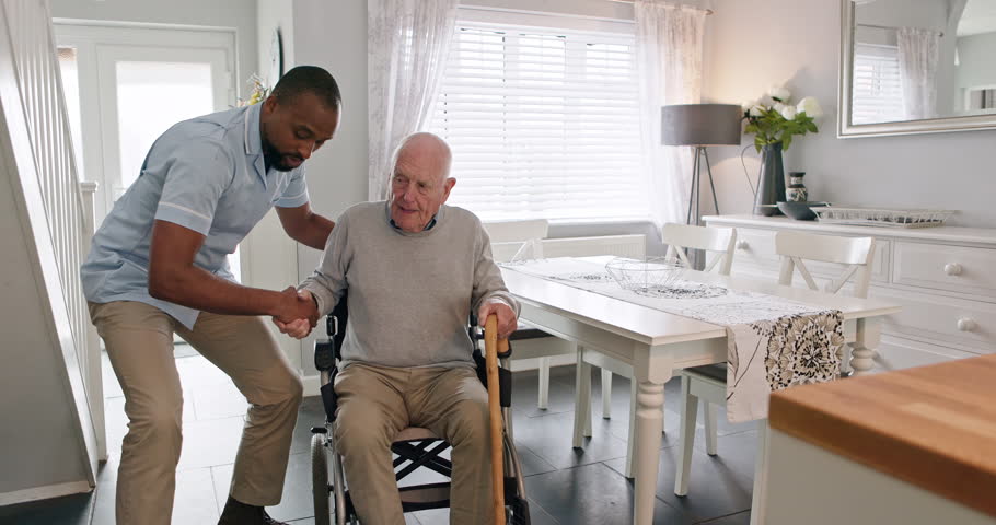 Help, walking and caregiver with senior man for assisted living, medical care and support in home. Retirement, healthcare and African nurse with elderly patient with disability for rehabilitation