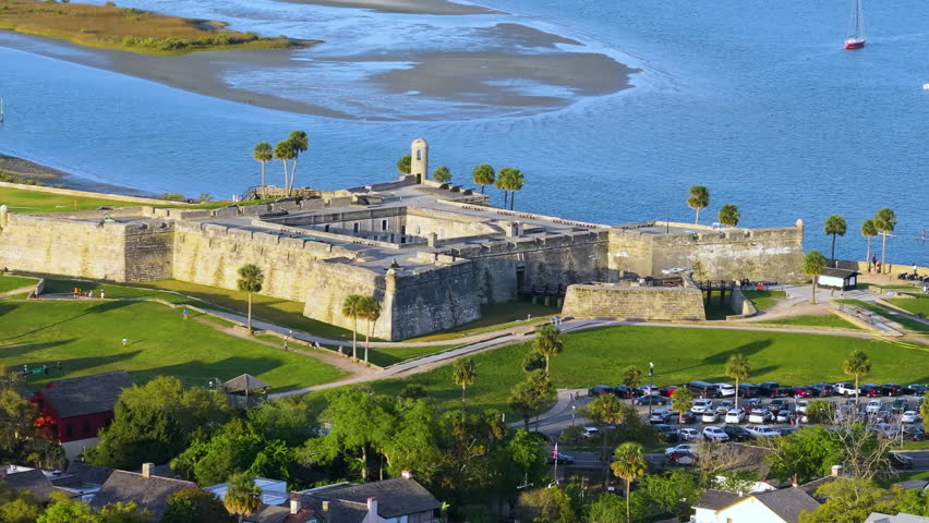 St. Augustine, Florida. Old city landscape with historical fort Castillo de San Marcos, National Monument open to public. Travel destination for tourists on vacation in Florida.