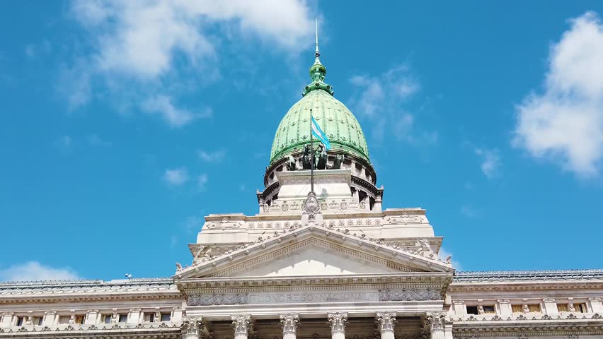 Congress of Argentine nation, Flag over blue skyline, south American building landmark, Establisher