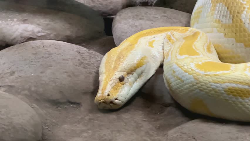 Albino Burmese python coiled on rocky ground surface. Close-up wildlife photo of non-venomous snake in naturalistic habitat. Reptile and exotic pet concept for design and print