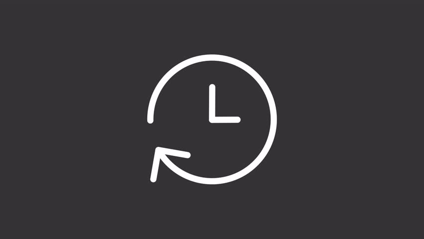 Trip history ui icon white line animation. Clockface with hands in rotating round arrow. Mobile application options animated user interface element on dark background. Transparent HD video