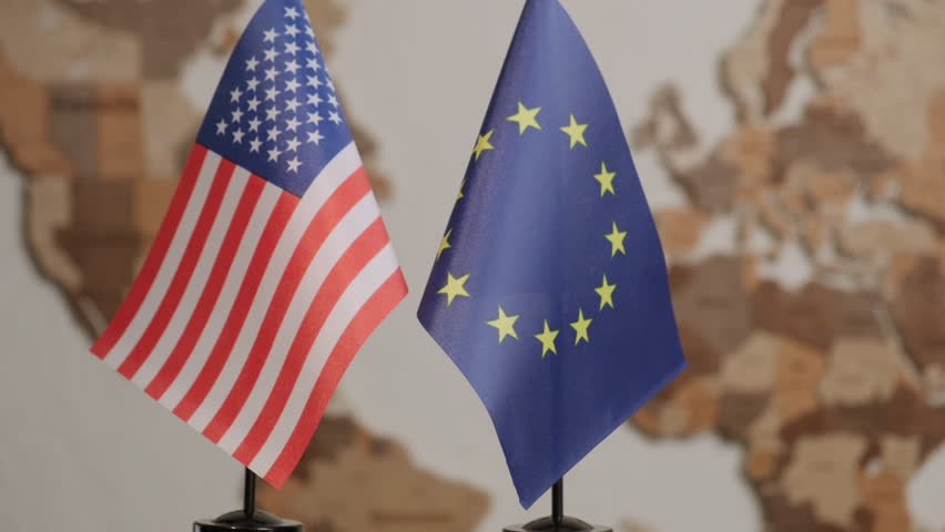 United States of America flag and European Union flag on a world map background