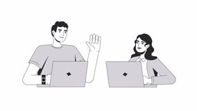 Coworking line 2D animation. Office employees communication. Friendly man waving hand to female colleague at laptops animated characters linear grayscale concept HD video isolated on white - Powered by Shutterstock - Get 15% off with code: PIKWIZARD15