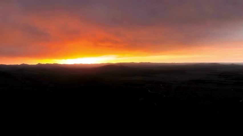 Fiery Sunset Over Flatlands, Dramatic Sky, Aerial View