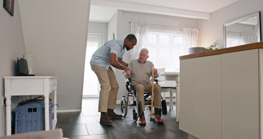 Help, wheelchair and caregiver with senior man for assisted living, medical care and support in home. Retirement, healthcare and male nurse with elderly patient with disability for rehabilitation