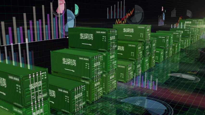 Saudi Arabia export production and import cargo containers on charts and diagrams seamless and loopable business concept. Saudi Arabian flag industrial shipping box 3d loop.