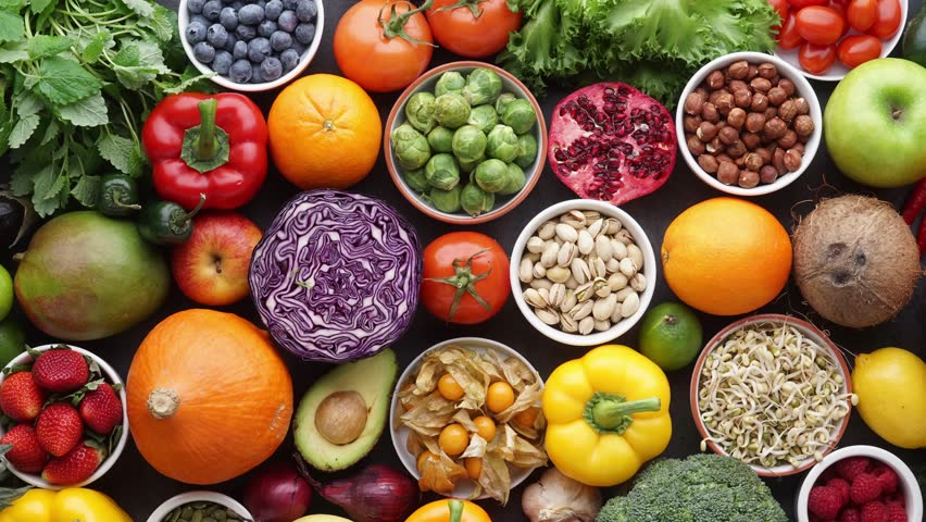 Healthy eating ingredients: fresh vegetables, fruits and superfood. Nutrition, diet, vegan food concept.