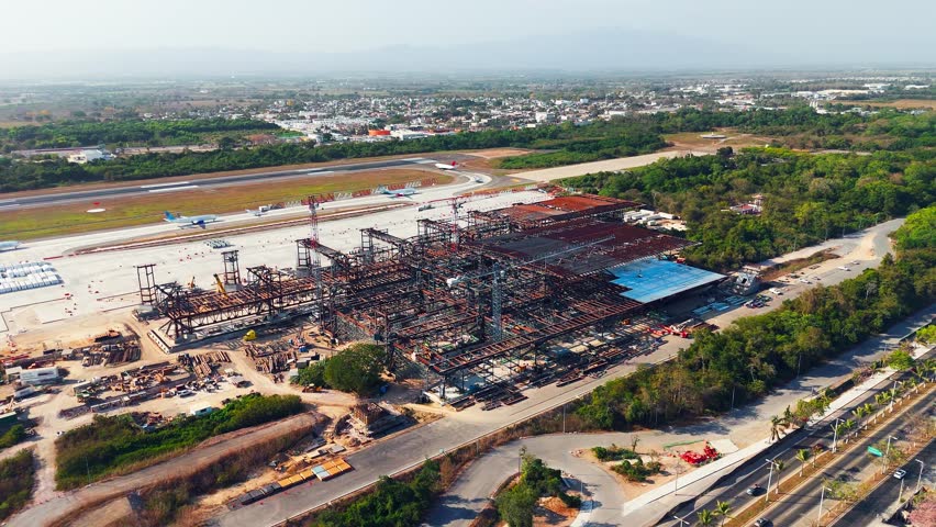 Construction site of terminal two of puerto vallarta airport, mexico, aerial view