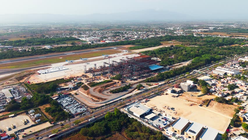 Aerial view of airport infrastructure, process of creating terminal two in puerto vallarta, mexico