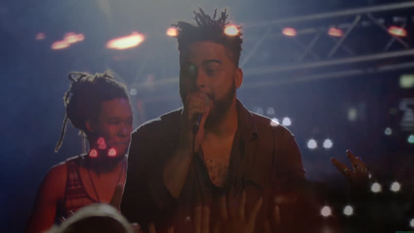 Two musicians singing and playing guitar at concert, featuring animated music notes and soundbars. Performers, entertainment, vibrant, energetic, stage, audience, live