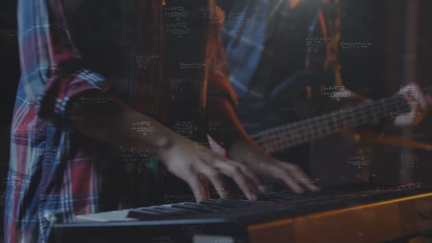 Music drummer jamming in studio with drum kit and bass guitar fingering, overlaying math equations. Performance, jazz, rhythm, entertainment, artistic, creative, sound