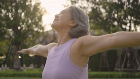Asia adult aged people middle age mindful happy old woman open arm yoga deep calm stress relief outdoor nature public park sun light self love relax elder aging life asian female mental health care. - Powered by Shutterstock - Get 15% off with code: PIKWIZARD15