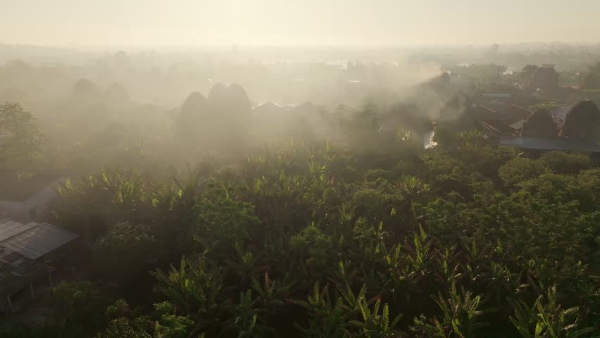 Brick making Kiln nestled in the jungle emitting smoke making smog backlit by early morning sunrise. Drone fly through, Vinh Long, Vietnam.
