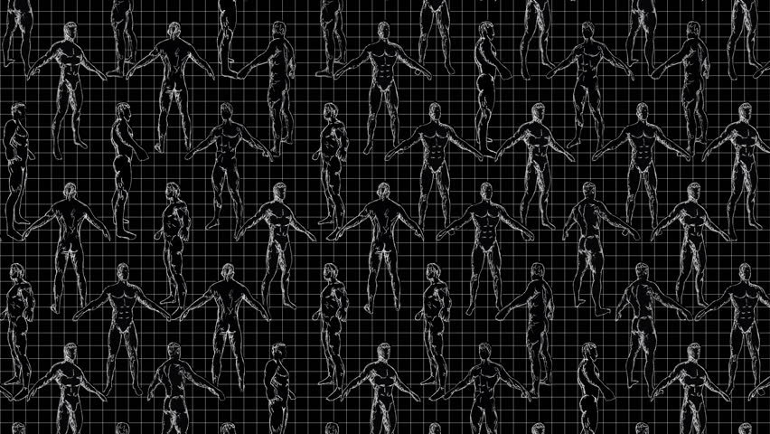 A looping background pattern of hand drawn sketch style spinning men in a white outline on a black background.