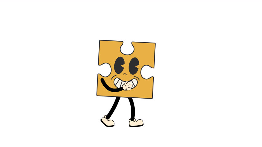 Groovy retro cartoon puzzle walking in a seamless loop animation with transparent background. 