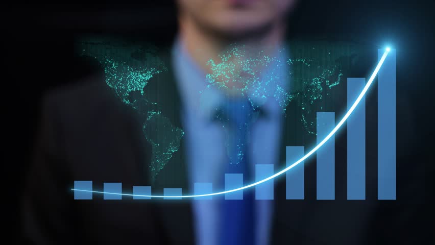 Rising chart motion graphics with global map, economy stock prices rising in time