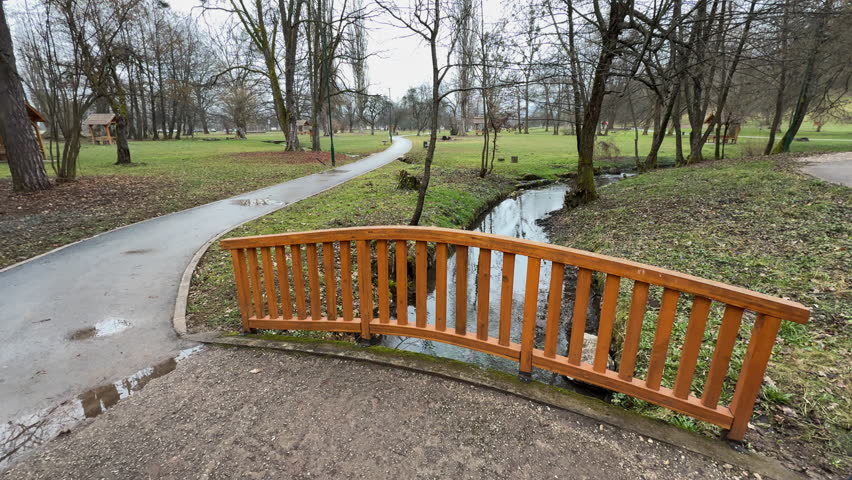 Beautiful woman in blue jacket crossing wooden bridge surrounded by big trees in a park. Slow motion, winter, daytime, overcast.